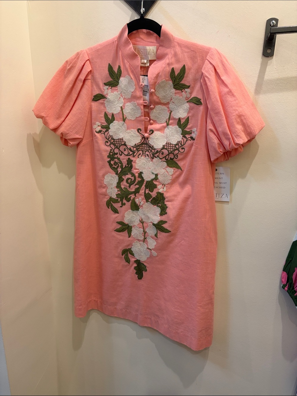 Pink Floral-Embroidered Puff-Sleeve Tunic Dress